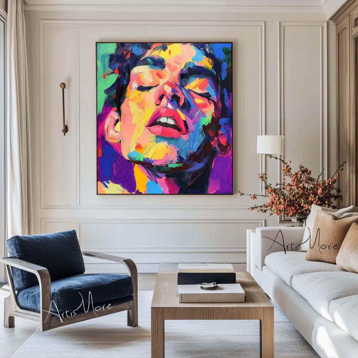 Expressive Abstract Man Face Neon Color Open Mouth Canvas Poster - Image 3