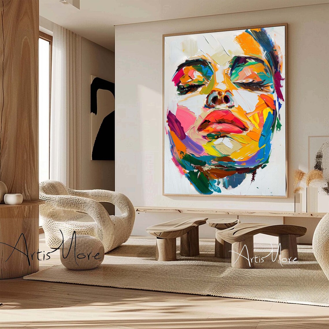 Colorful Abstract Woman Face Closed Eyes Rainbow Brushstroke Portrait Wall Art - Image 3