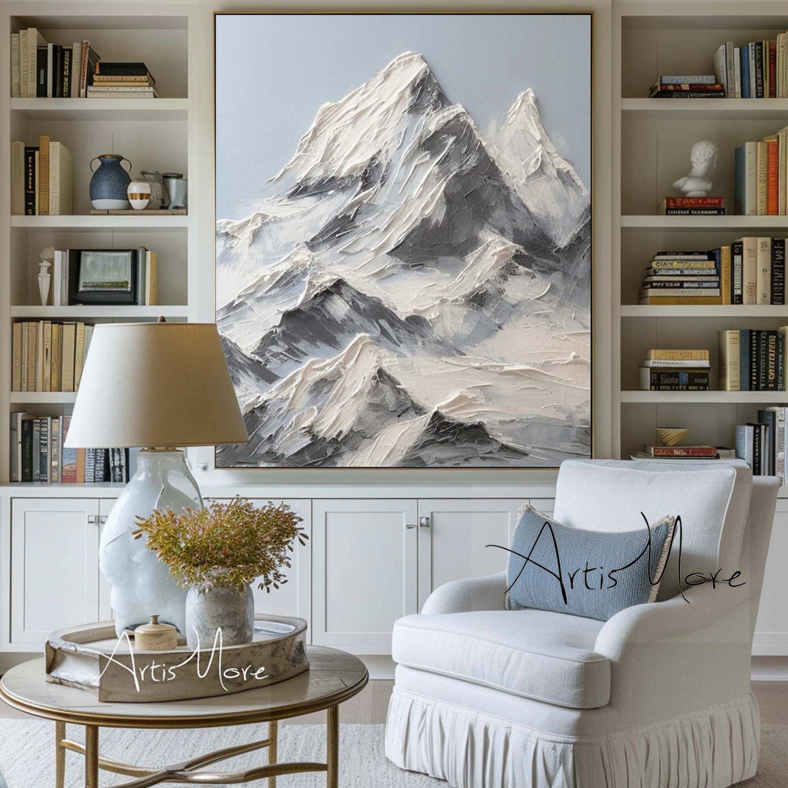 Blue Abstract Mountain Wall Art White Texture Painting On Large Mountain Landscape Painting Modern Knife Texture Art Custom Artwork - Image 2