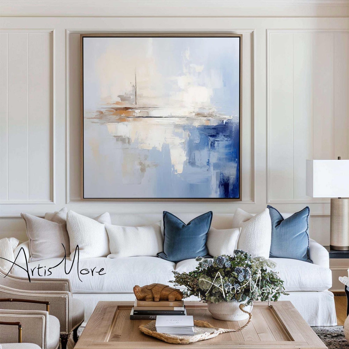 Blue Beige Textured Abstract Seascape Horizontal Landscape Wall Art - Image 4
