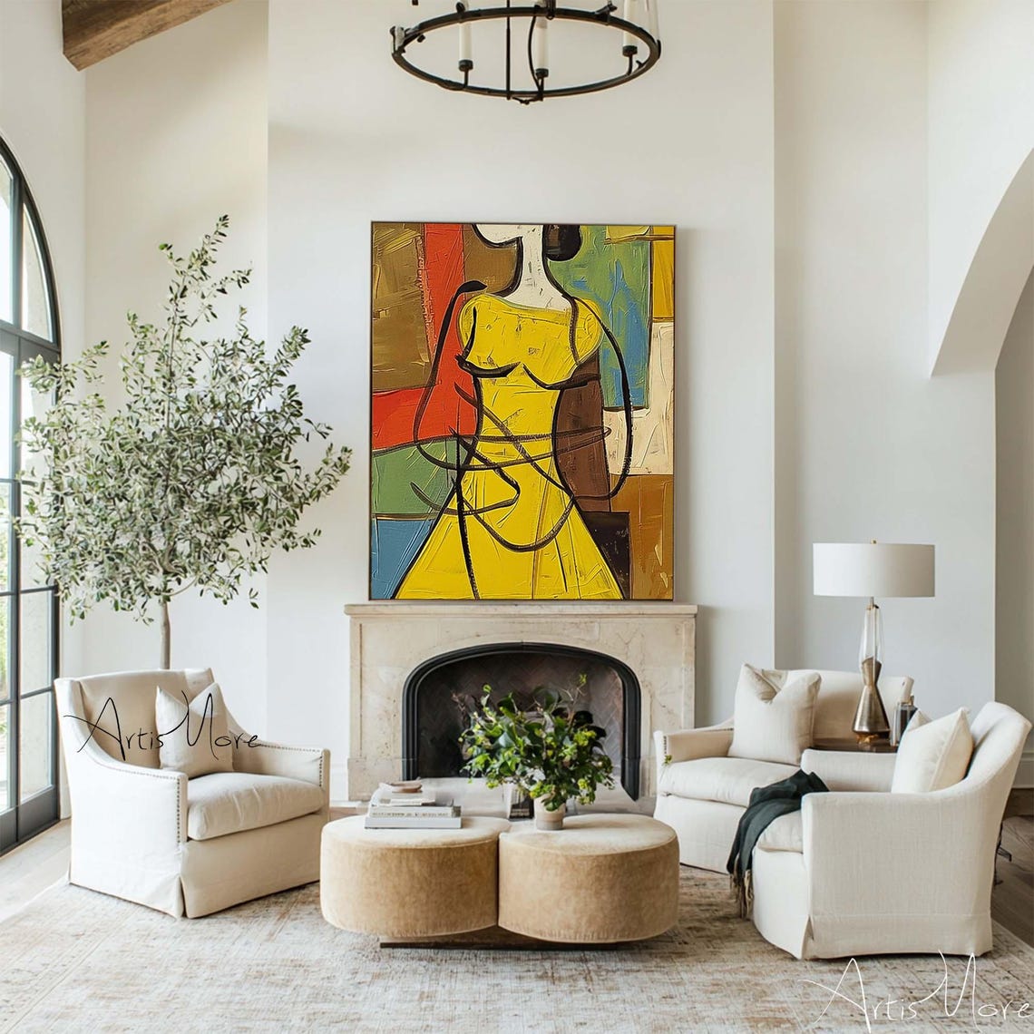 Faceless Abstract Woman Yellow Dress Cubist Modern Canvas Poster - Image 4