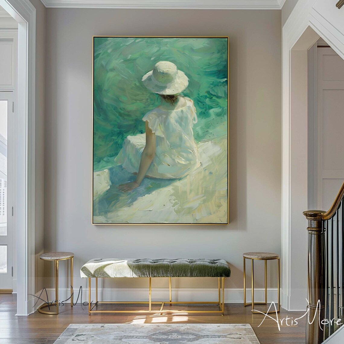Woman White Hat Emerald Water Figure Painting Green Impressionist Wall Art - Image 3
