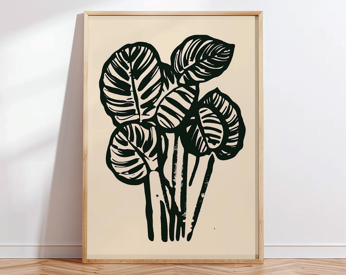 Monochrome Tropical Banana Leaves Linocut Beige Botanical Poster