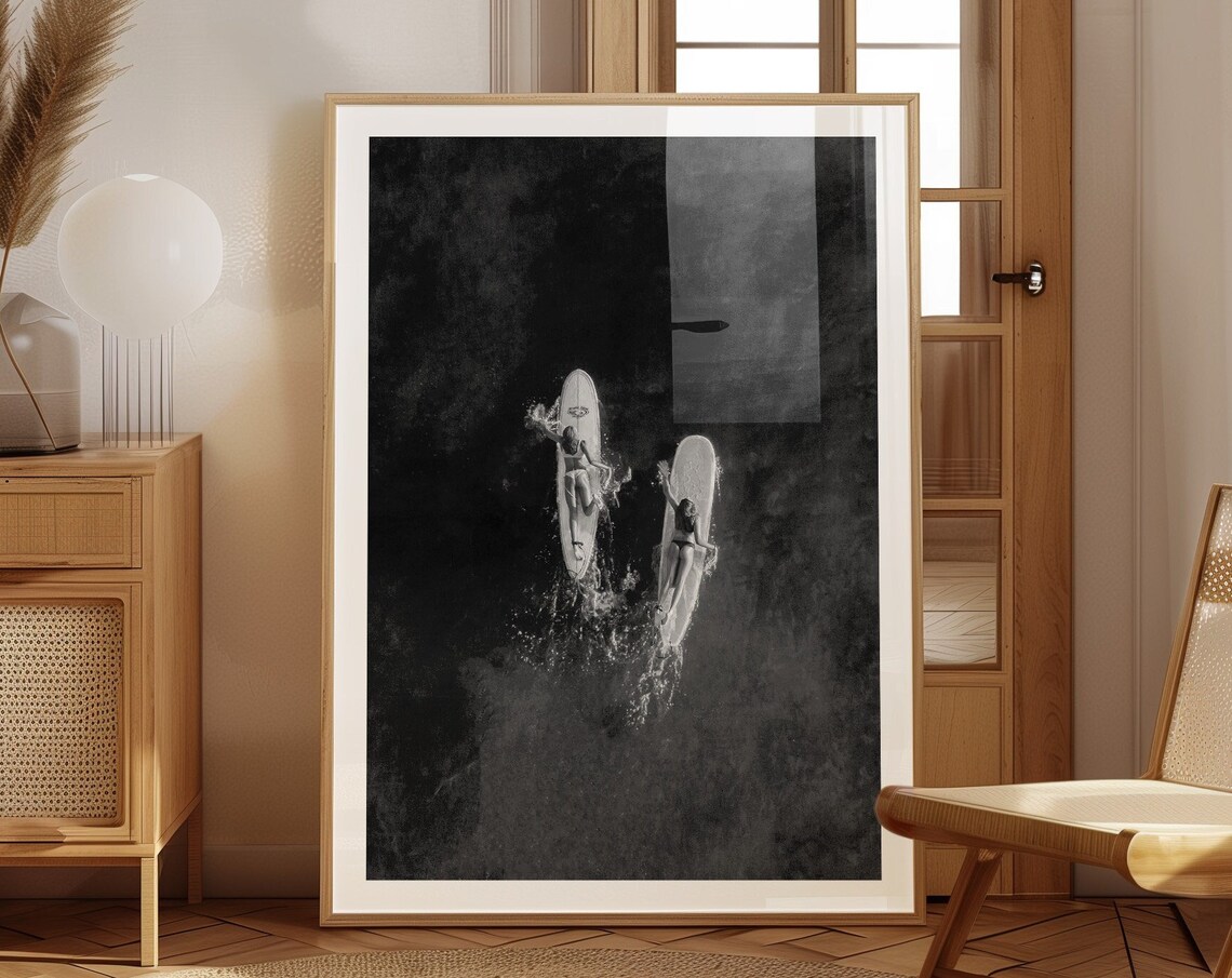 Aerial Two Surfers Dark Ocean Moody Black And White Photo Poster