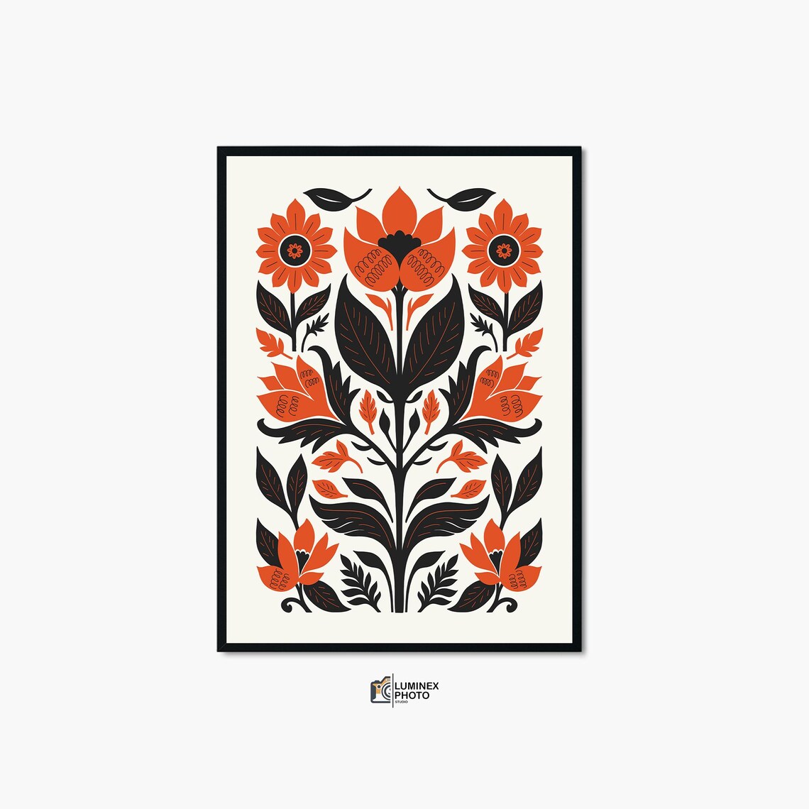Folk Art Red Floral Mandala Symmetrical Botanical Vintage Poster