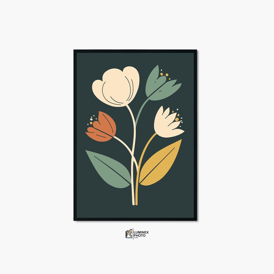 Minimalist Wildflowers Dark Green Background Botanical Wall Art