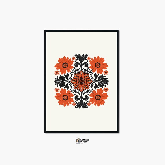 Scandinavian Folk Floral Medallion Orange Black Botanical Print