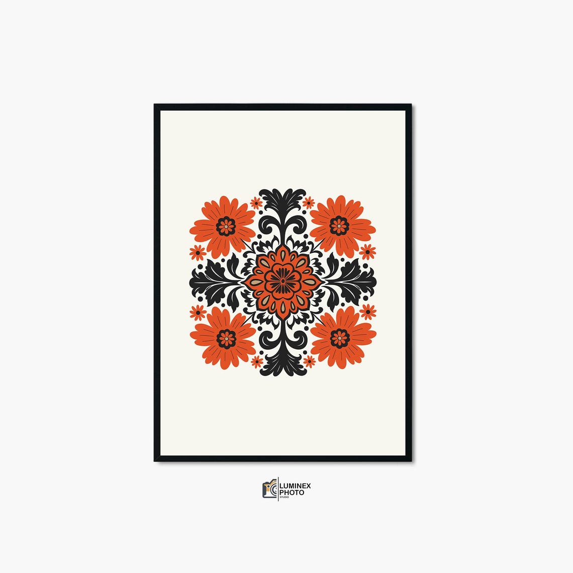 Scandinavian Folk Floral Medallion Orange Black Botanical Print