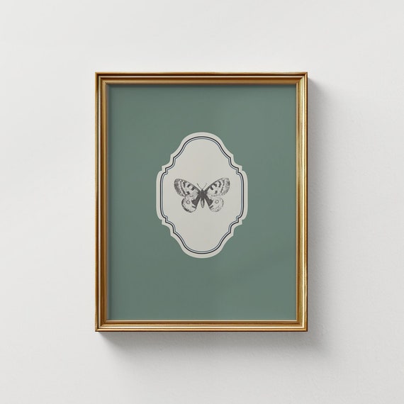 Sage Green Vertical Butterfly Illustration Print Wall Art Trendy Decor Nursery Decor Vintage