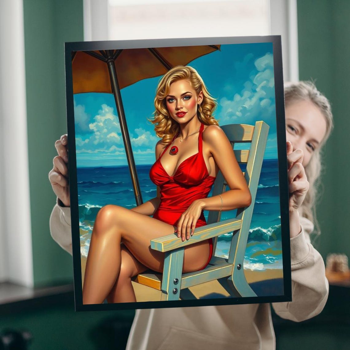 Retro Beach Lady Red Swimsuit Umbrella Seaside Summer Poster