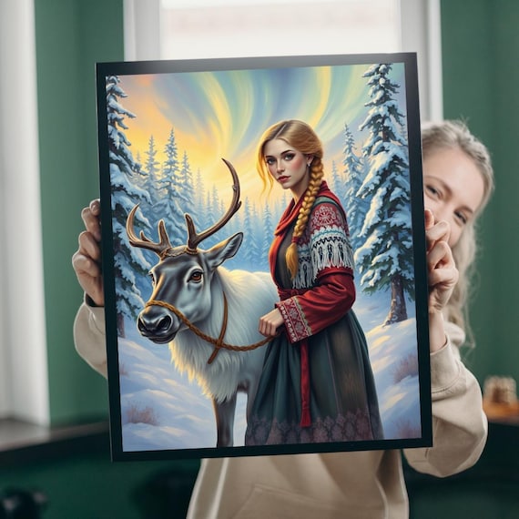 Nordic Woman with Reindeer Under Northern Lights Winter Art Poster