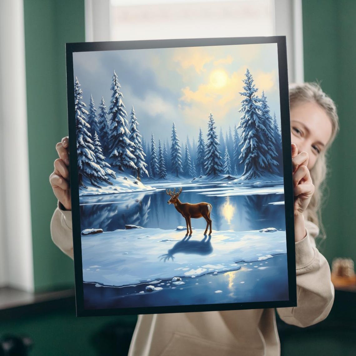Winter Deer Snowy Forest Frozen Lake Sunset Wildlife Art Poster