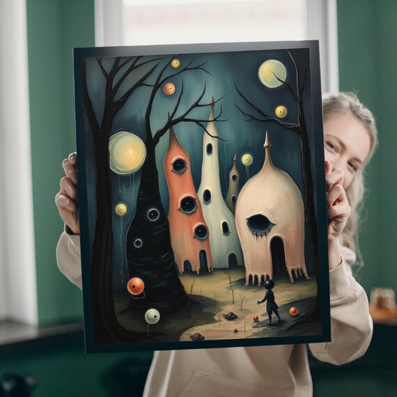 Surreal Gothic Night Village Eyed Towers Moonlit Dark Fantasy Art Poster