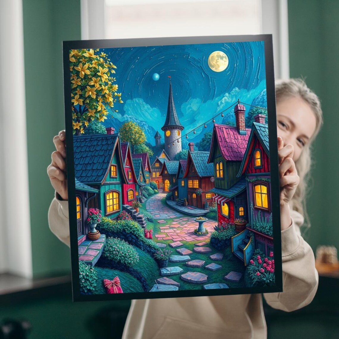 Whimsical Nighttime Village, Family Game Night Poster