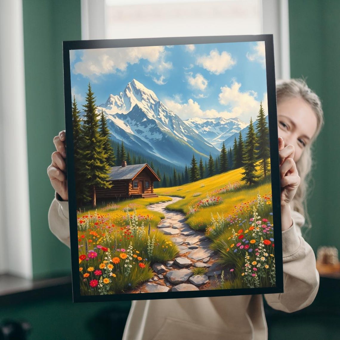 Mountain Log Cabin Wildflower Meadow Snow Peak Scenic Poster