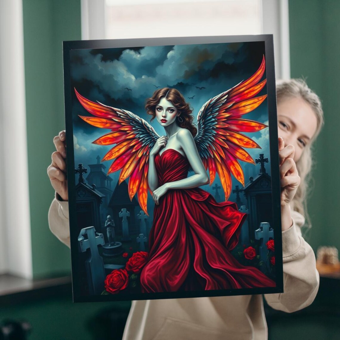 Dark Fantasy Angel Poster Fiery Wings Red Gown Gothic Cemetery Roses Scene