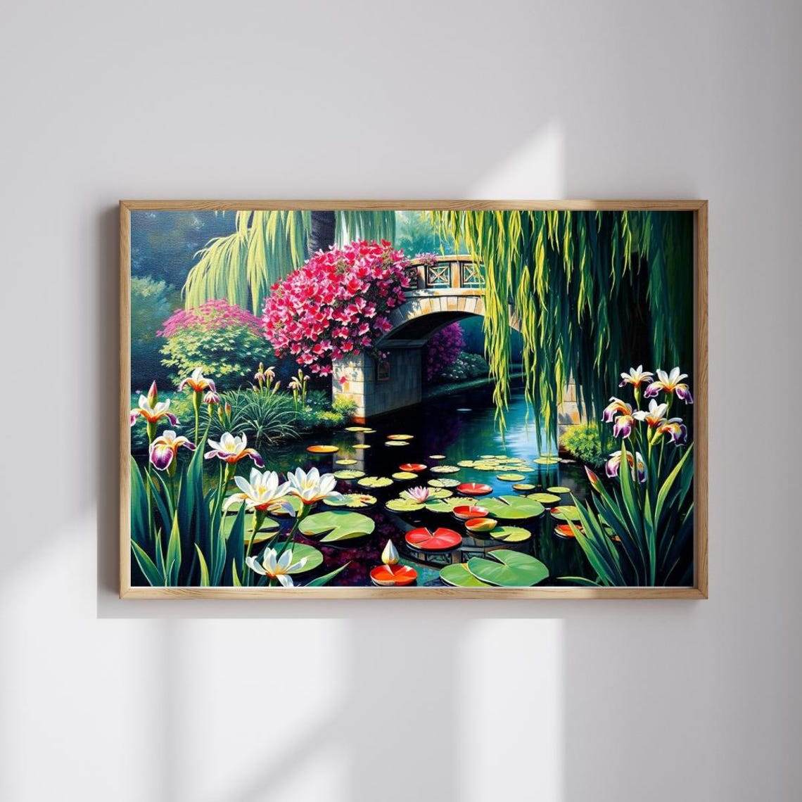 Garden Pond With Stone Bridge Water Lilies Weeping Willow Poster