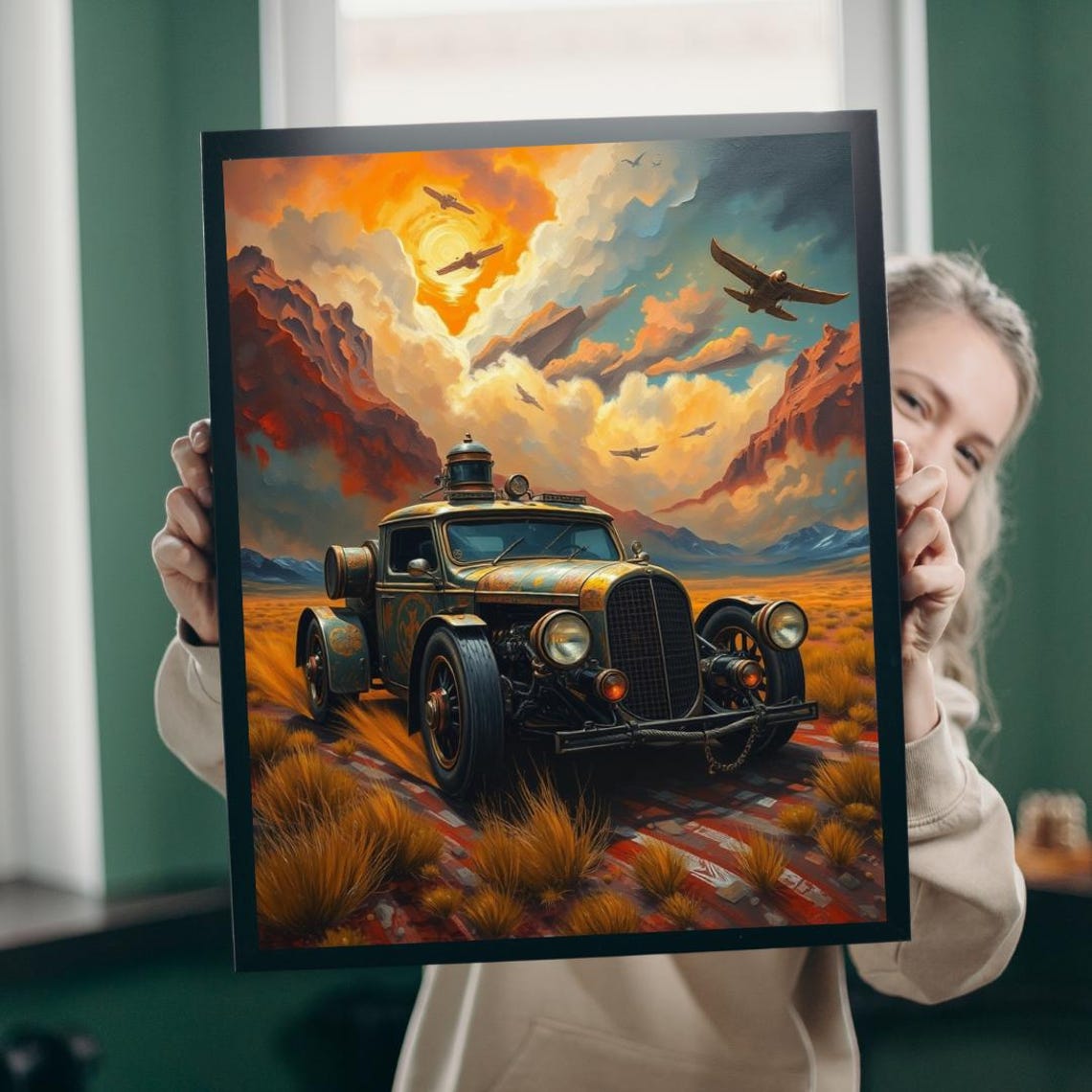 Steampunk Vintage Car Desert Sunset Sky Automotive Fantasy Art Poster