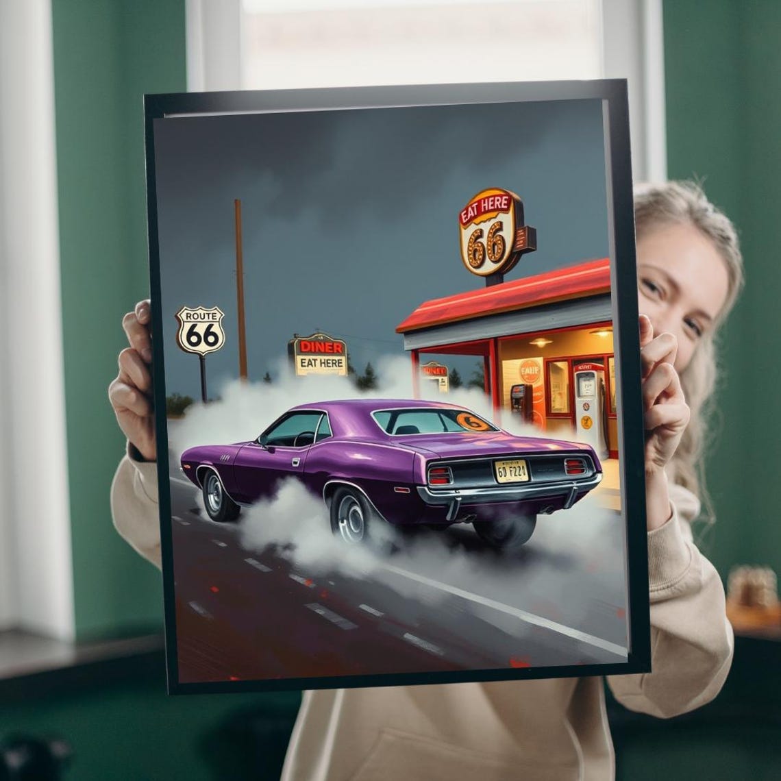 Purple Plymouth Barracuda Route 66 Diner Burnout Muscle Car Poster