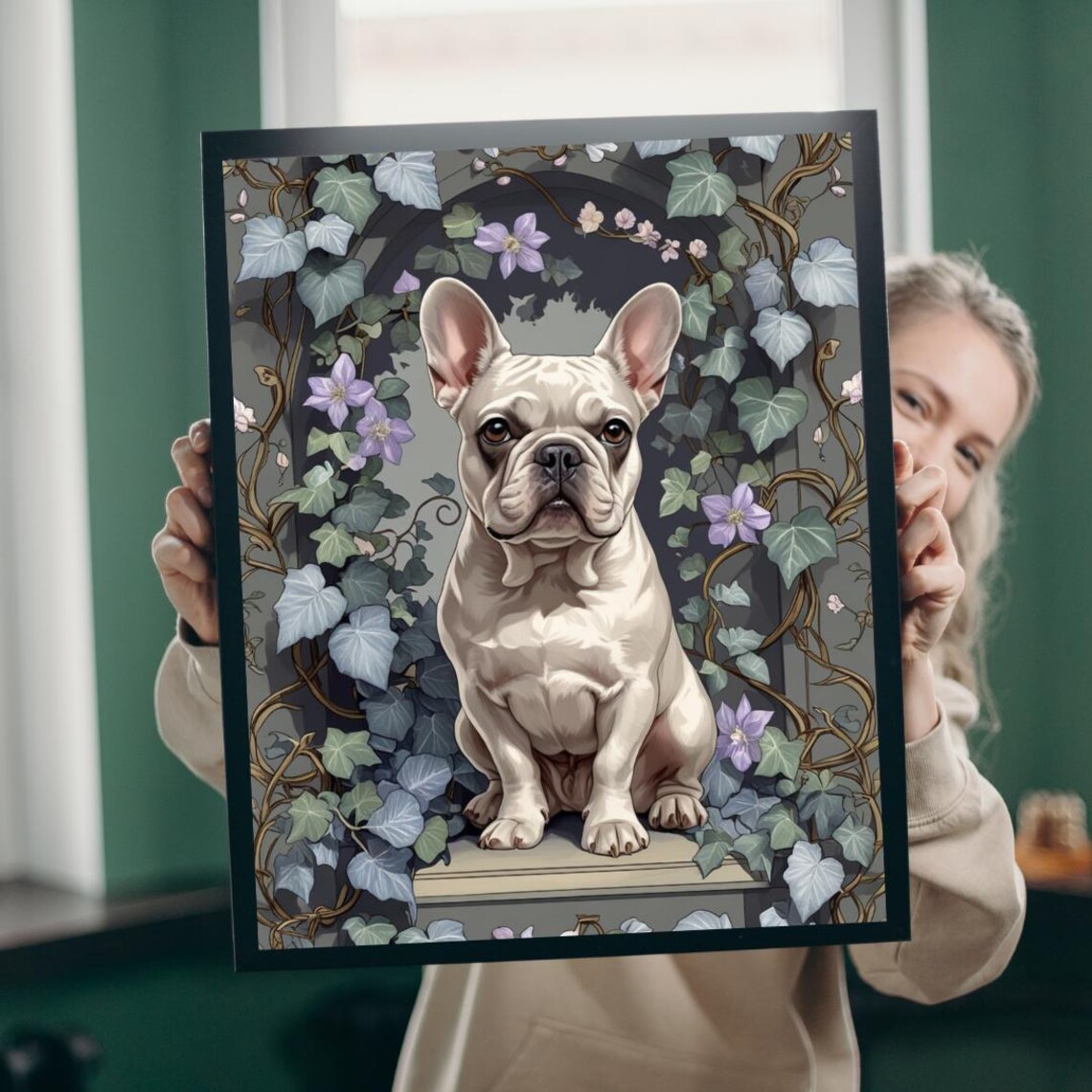 Vintage French Bulldog Poster, William Morris Floral Design