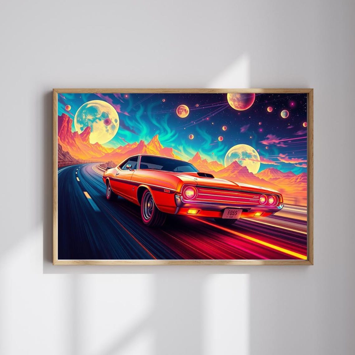 Retro Orange Muscle Car Cosmic Night Drive Neon Moons Art Print