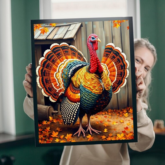 Colorful Fall Turkey Mosaic Barnyard Autumn Leaves Art Poster