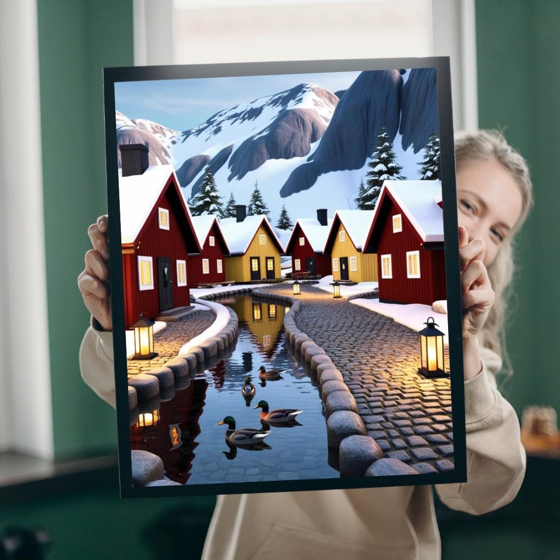 Nordic Winter Village Snowy Cottages Canal Ducks Mountain Poster