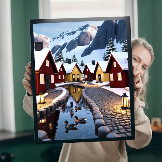 Nordic Winter Village Snowy Cottages Canal Ducks Mountain Poster