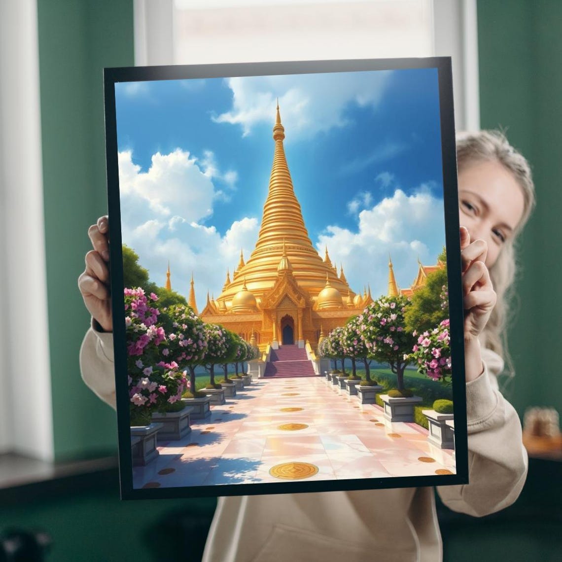Stunning Golden Buddhist Pagoda Flower Avenue Serene Temple Poster