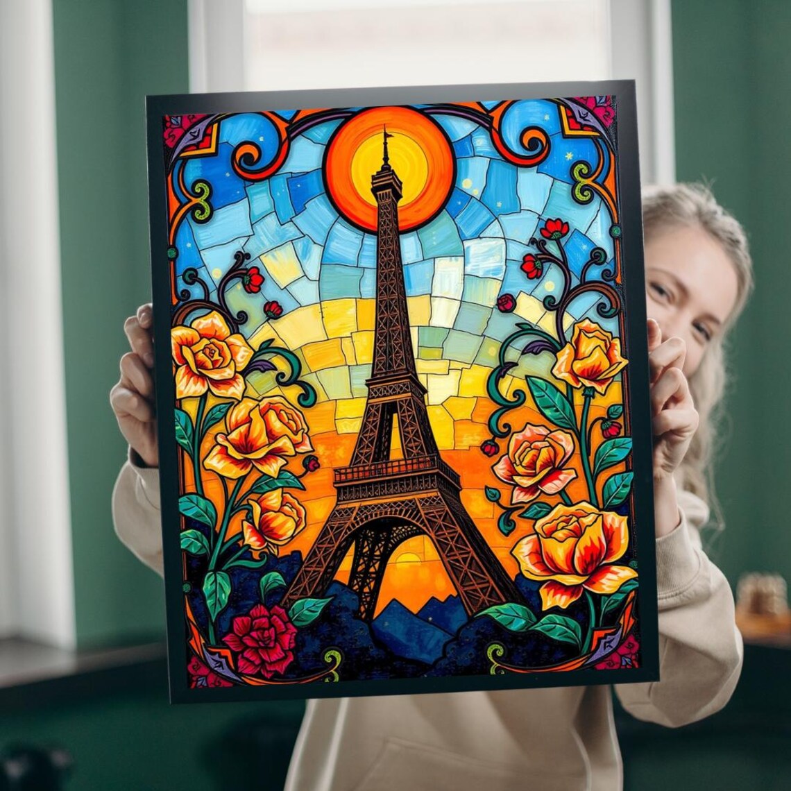 Eiffel Tower Paris Sunset Stained Glass Roses Landmark Poster