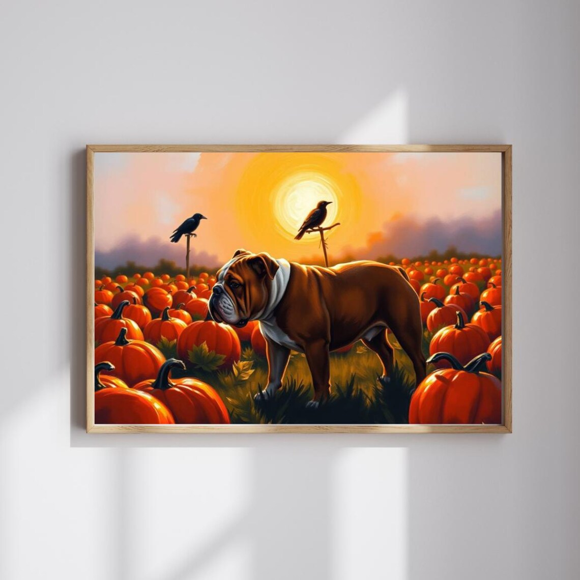 English Bulldog Pumpkin Patch Autumn Sunset Fall Dog Lover Art Poster