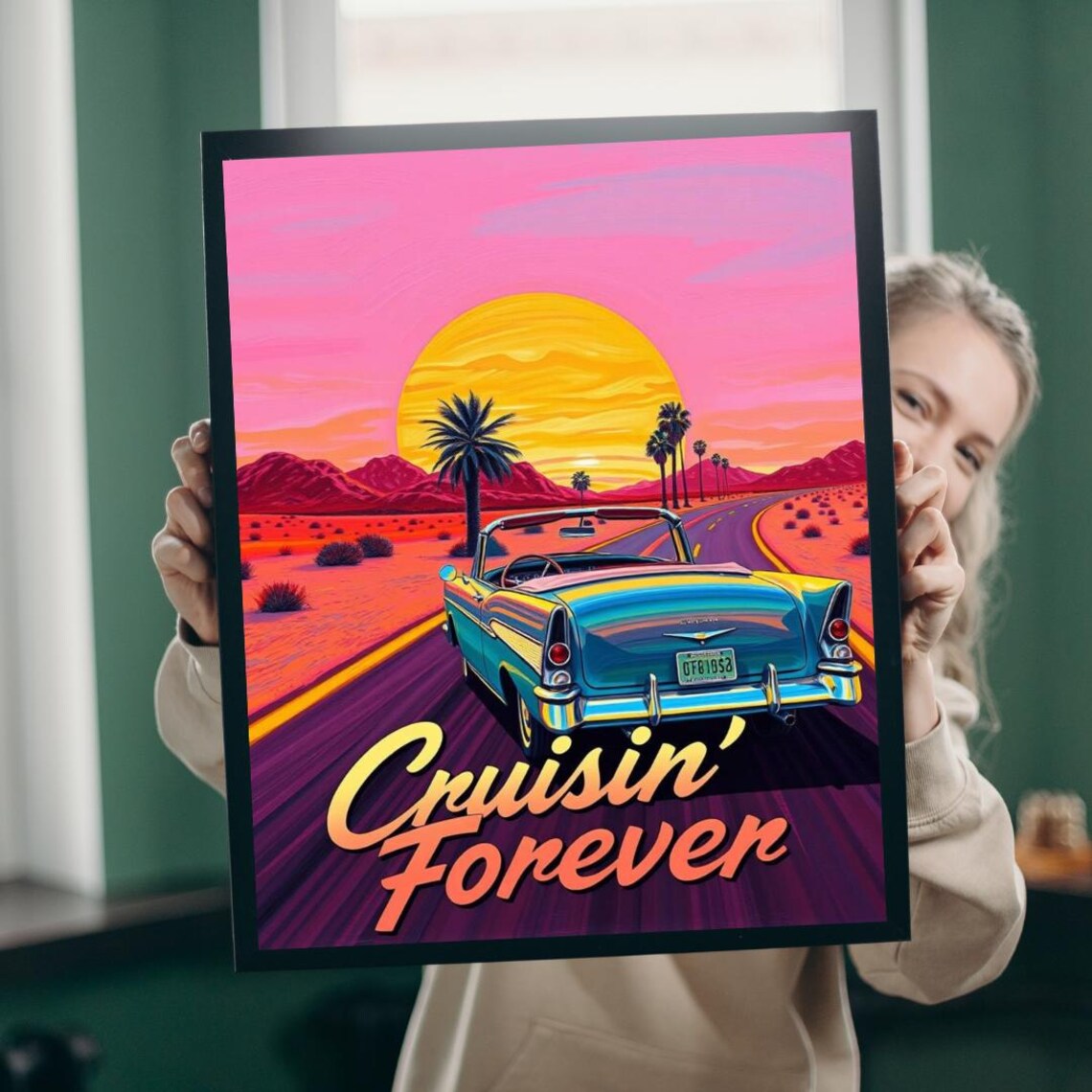 Cruisin Forever Vintage Convertible Sunset Desert Road Poster