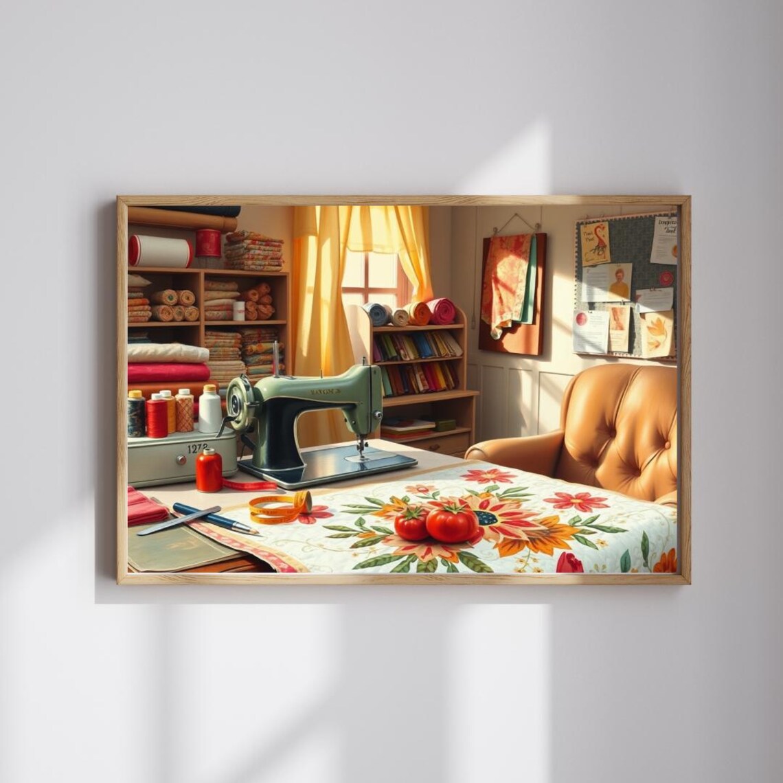 Vintage Sewing Room Scene Art Print Sunlit Craft Studio Machine and Fabric