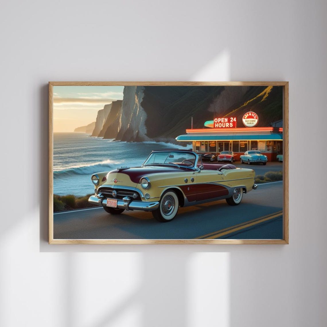 1950s Convertible At Cliffside Diner Open 24 Hours Sunset Poster