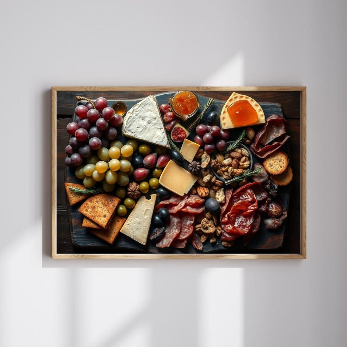 Gourmet Cheeseboard With Grapes Cheeses Rustic Foodie Art Print