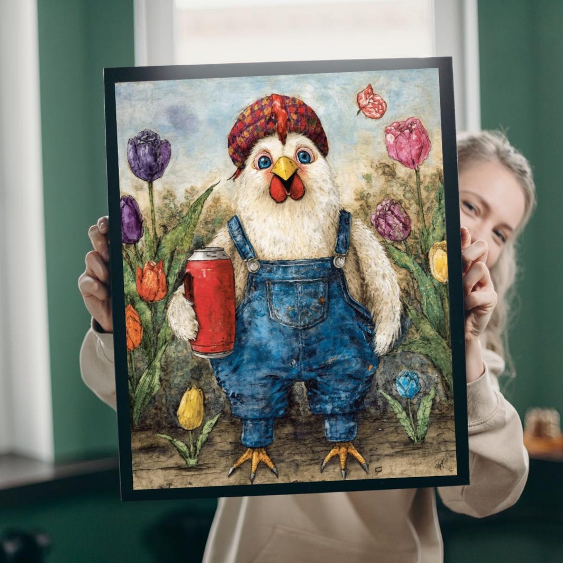 Whimsical Chicken Gardener Overalls Tulips Watercolor Farm Poster