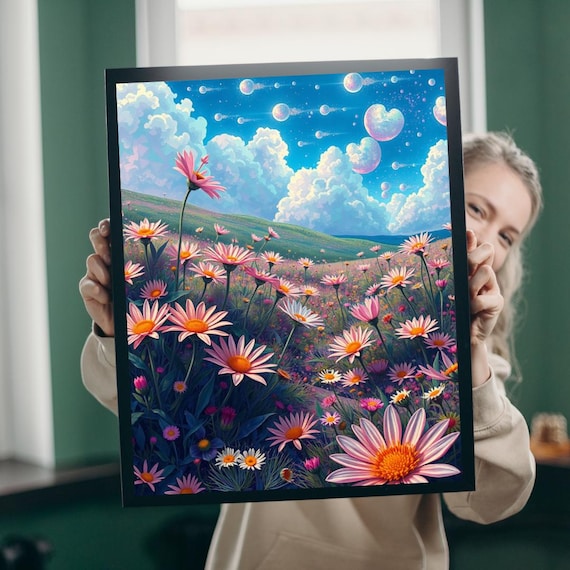 Pink Daisy Meadow Floating Bubbles Dreamy Floral Sky Art Print