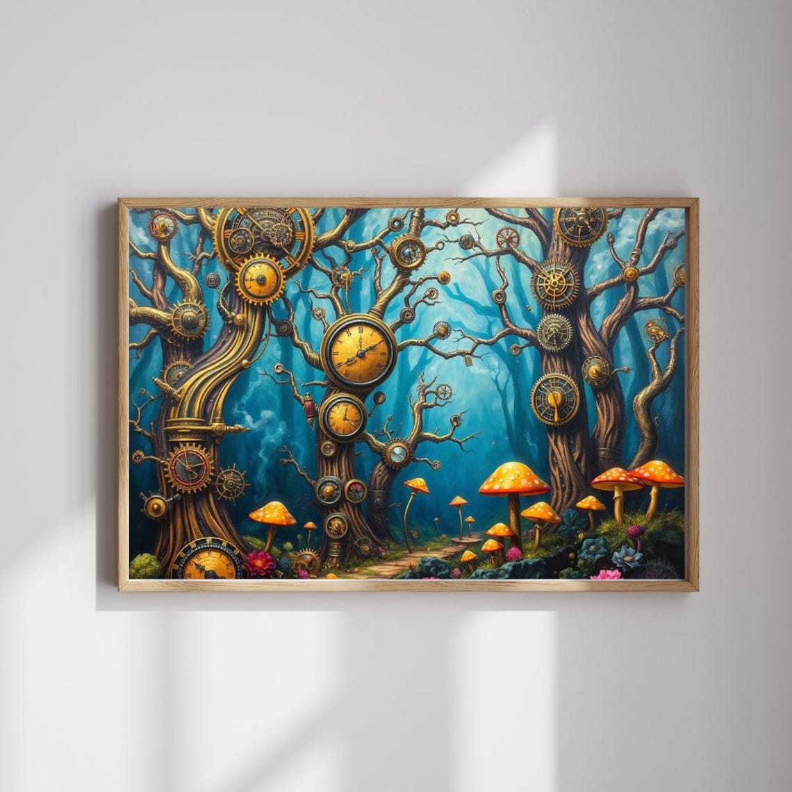 Steampunk Forest Clockwork Trees Mushrooms Magical Teal Scene Poster