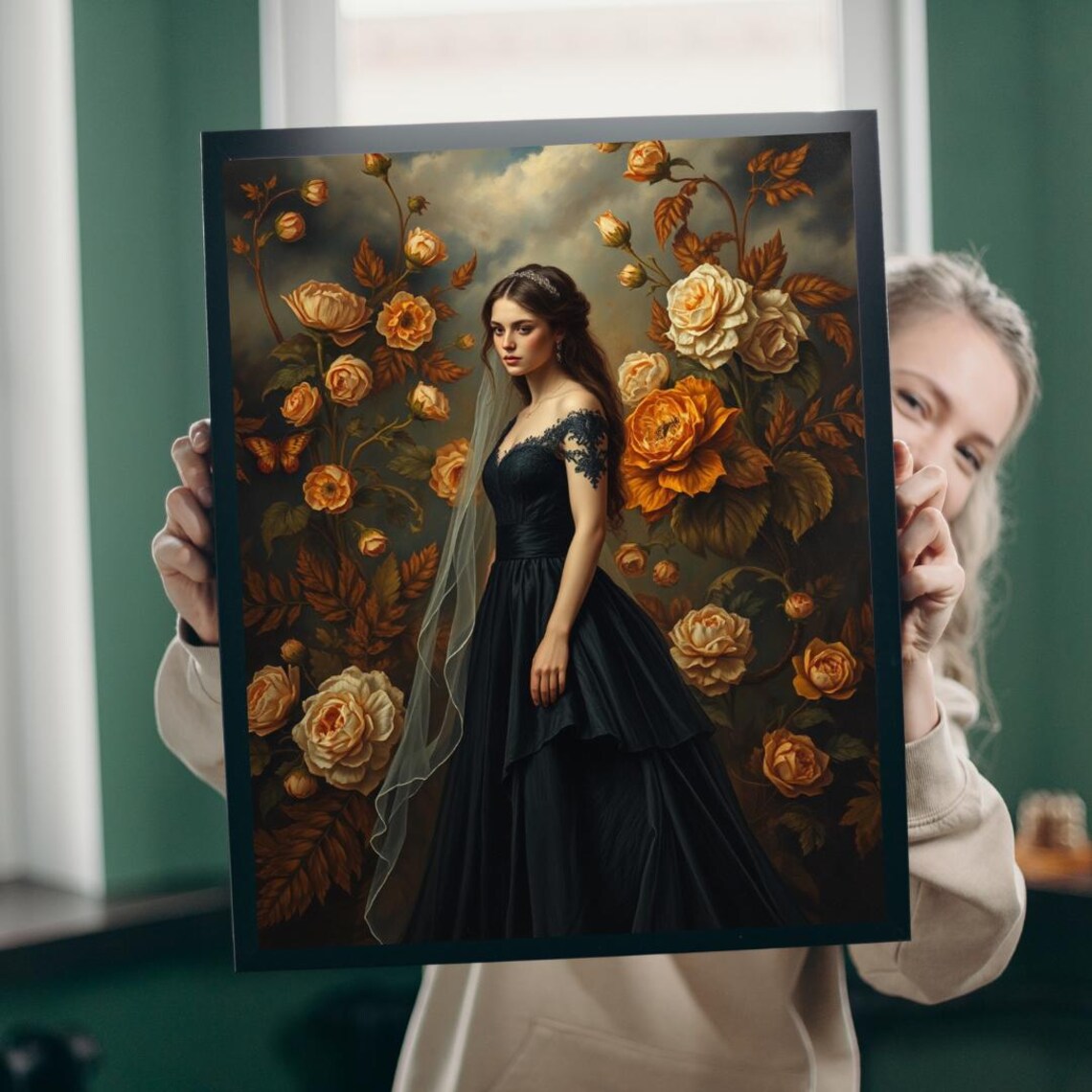 Elegant Woman Black Gown Golden Roses Floral Portrait Art Poster