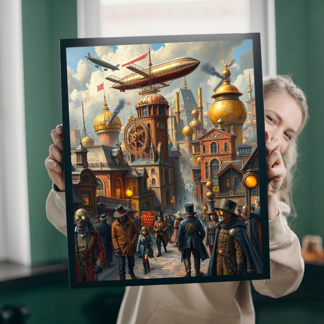 Steampunk Cityscape Brass Domes Airships Victorian Street Crowd Poster