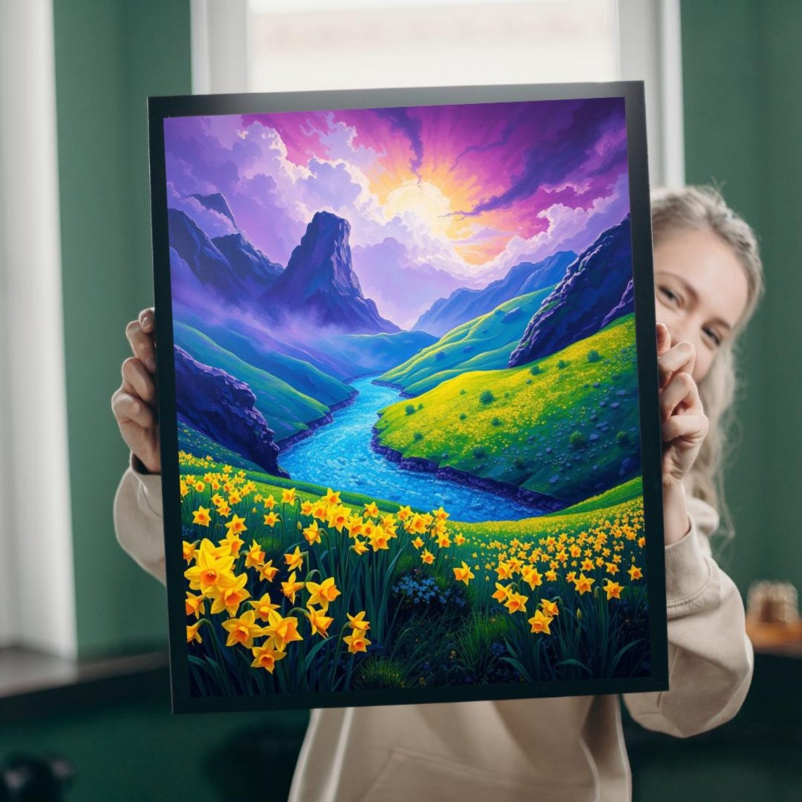 Daffodil Valley With River And Mountains Purple Sunset Art Poster
