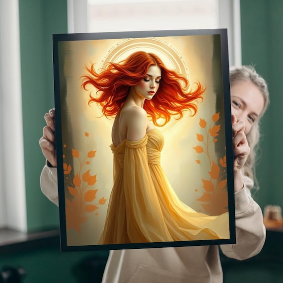 Red Haired Woman Golden Dress Glowing Autumn Leaves Portrait Poster