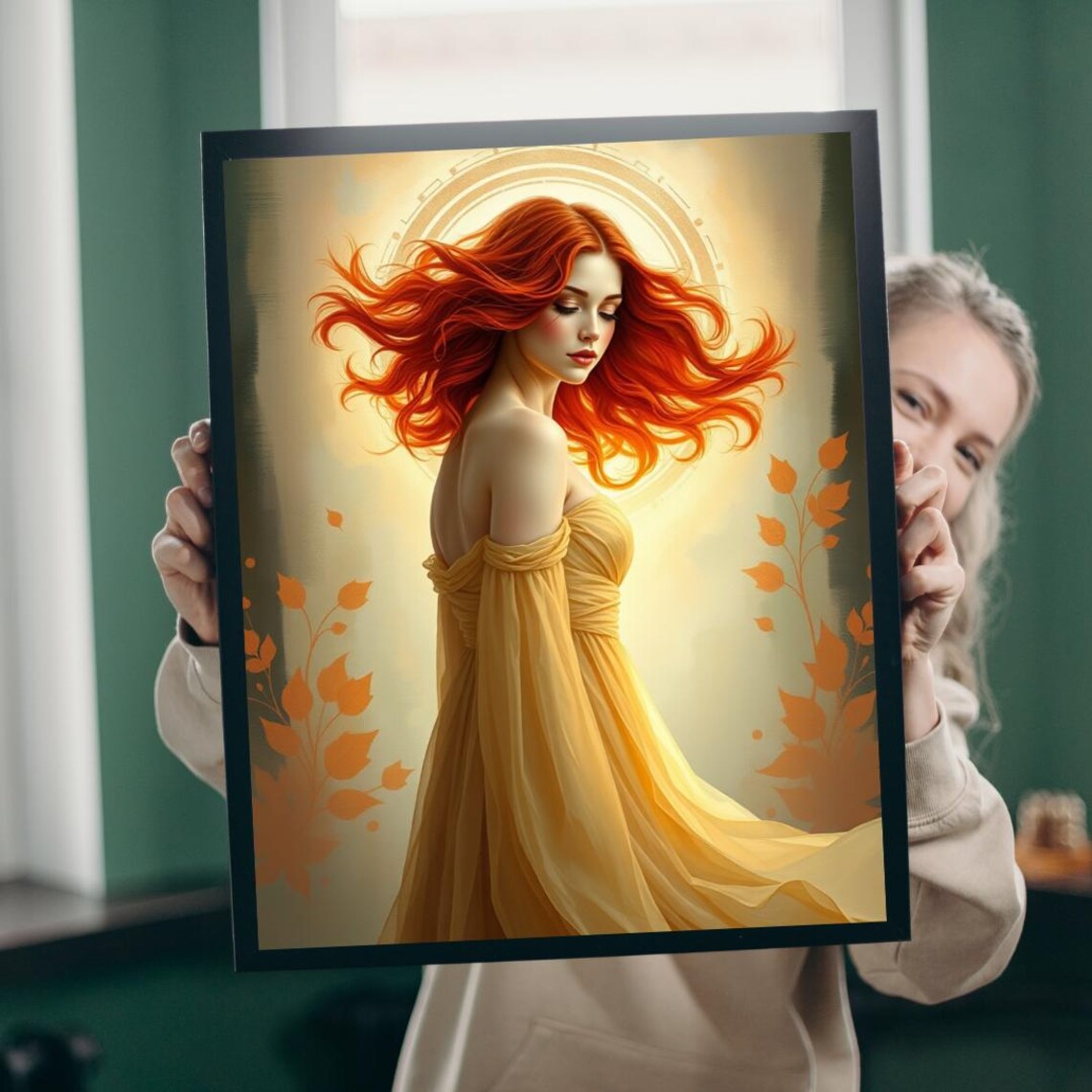 Red Haired Woman Golden Dress Glowing Autumn Leaves Portrait Poster