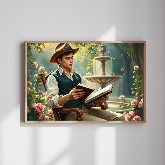Victorian Gentleman Reading in Rose Garden by Fountain Poster