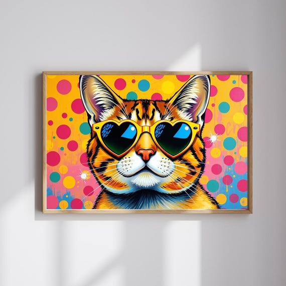 Orange Tabby Cat With Heart Sunglasses Neon Pop Art Pet Portrait Poster
