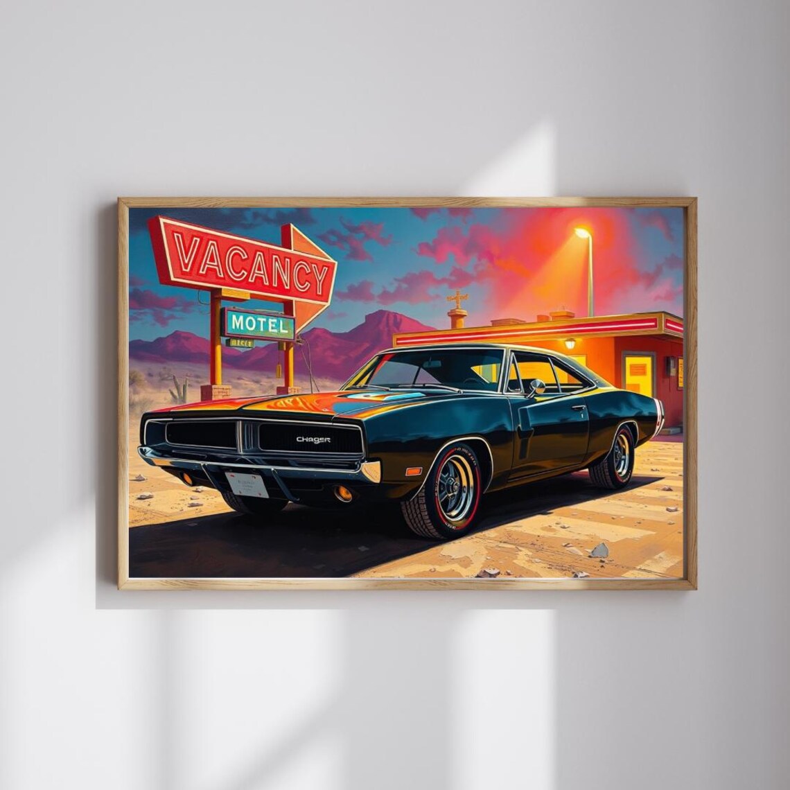 1969 Dodge Charger Neon Motel Sunset Muscle Car Americana Poster