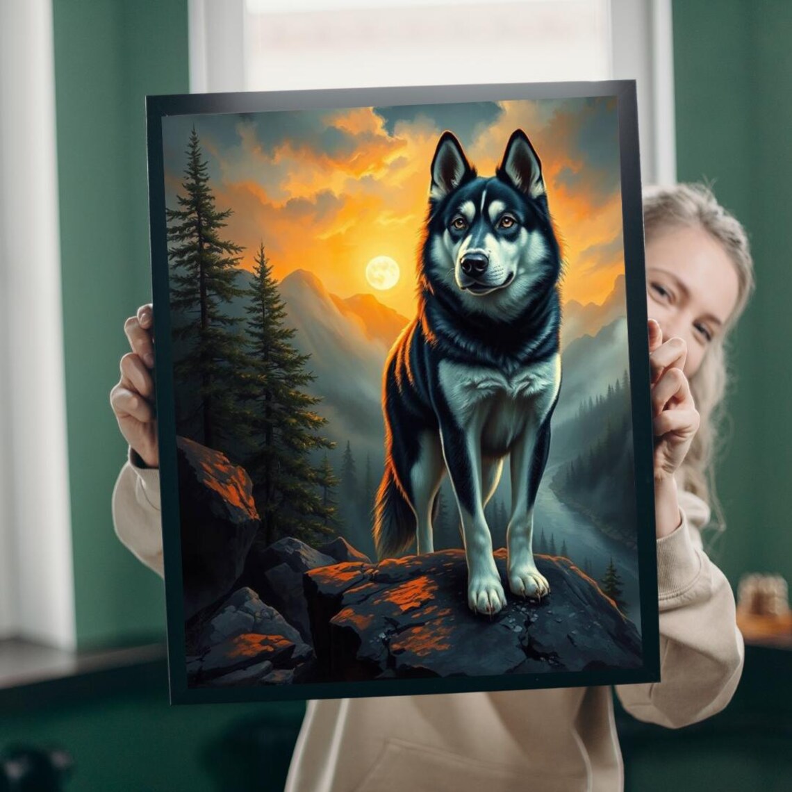 Siberian Husky Standing On Rocky Cliff At Sunset Mountain Poster