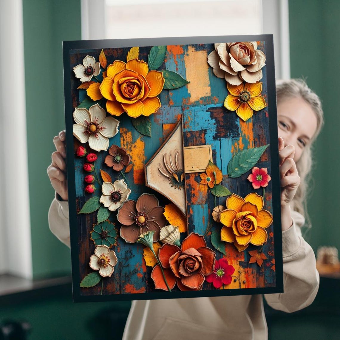 Vintage Floral Collage Roses Rustic Mixed Media Botanical Art Poster