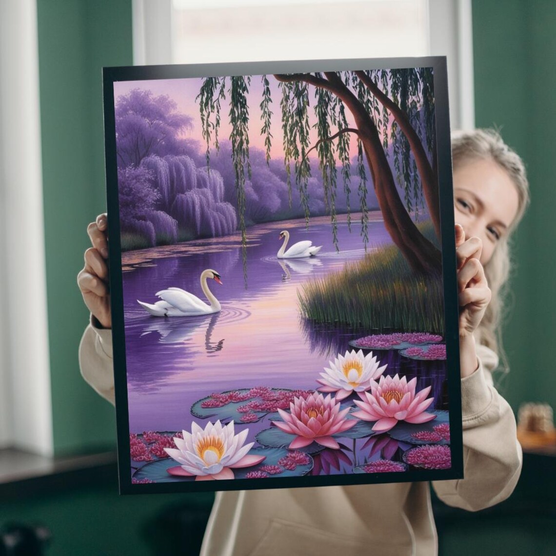 Swans And Water Lilies Art Print, Serene Landscape