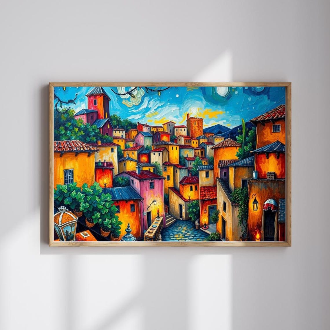 Italian Village Night Cobblestone Street Vibrant Townscape Wall Art